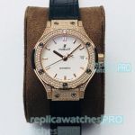 Swiss Replica Hublot Classic Fusion Leather Watch Rose Gold Diamond 38MM HB Factory